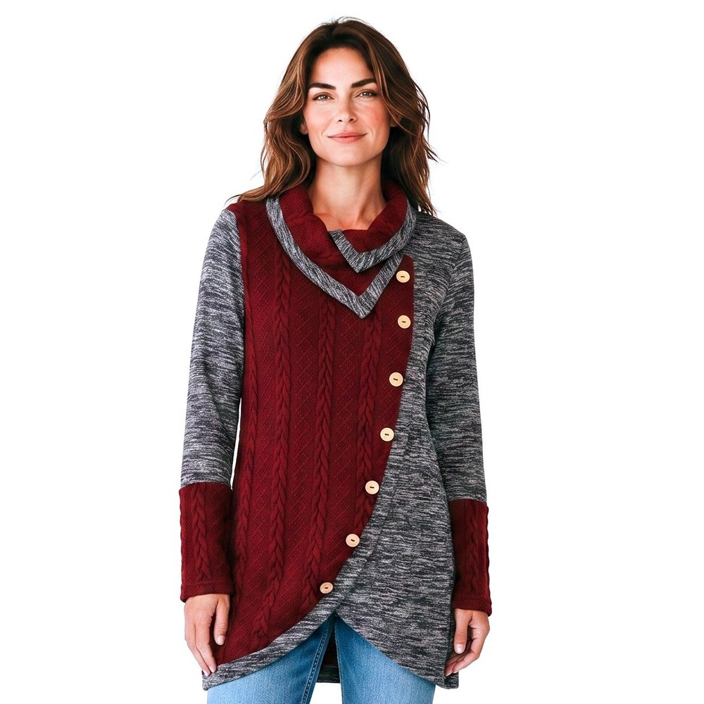 Dressfo Women Boho Chic Tunic Sweater Gray Red Asymmetric Cowl Neck M Lagenlook